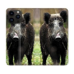 Housse Cuir Portefeuille Pour Iphone 16 Pro Chasse Sanglier bois