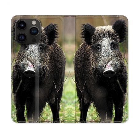 Housse Cuir Portefeuille Pour Iphone 16 Pro Chasse Sanglier bois