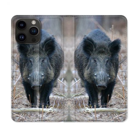 Housse Cuir Portefeuille Pour Iphone 16 Pro Chasse Sanglier Viseur