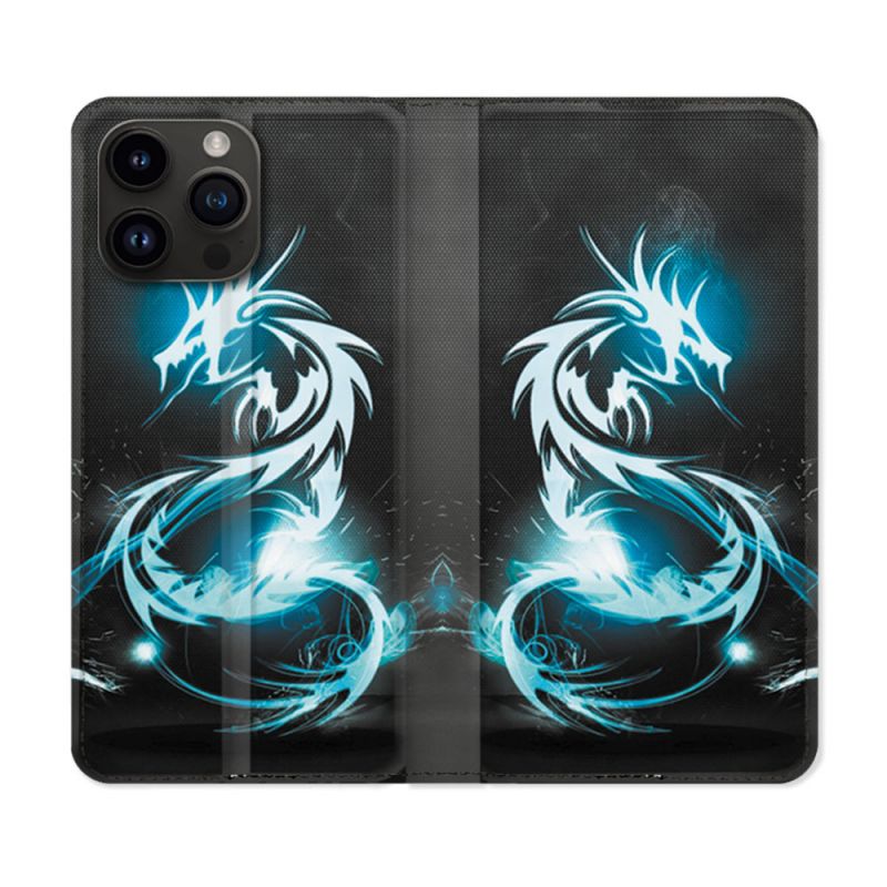 Housse Cuir Portefeuille Pour Iphone 16 Pro Fantastique Dragon Bleu