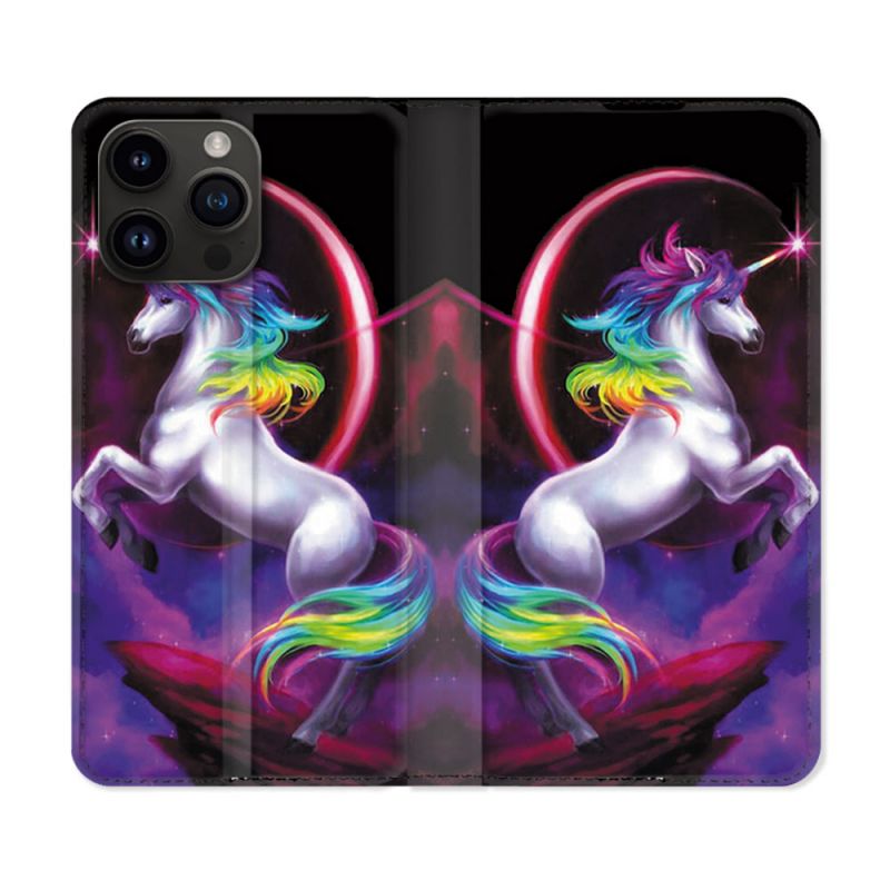 Housse Cuir Portefeuille Pour Iphone 16 Pro Fantastique Licorne Arc en ciel