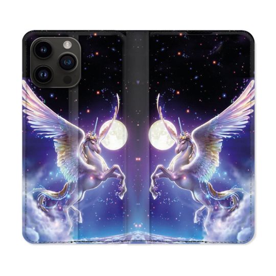 Housse Cuir Portefeuille Pour Iphone 16 Pro Fantastique Licorne Céleste