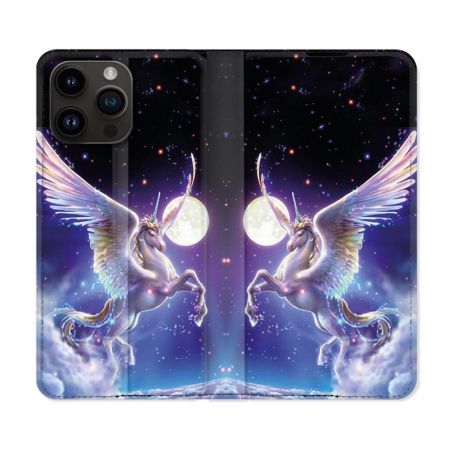 Housse Cuir Portefeuille Pour Iphone 16 Pro Fantastique Licorne Céleste