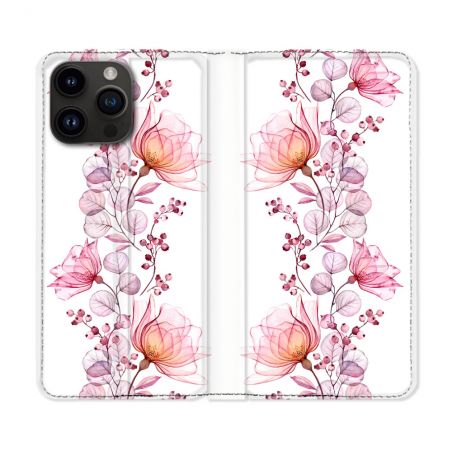Housse Cuir Portefeuille Pour Iphone 16 Pro Fleur Eclosion