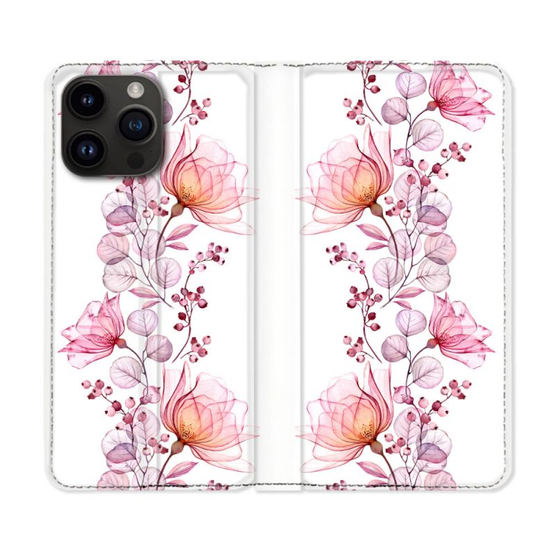 Housse Cuir Portefeuille Pour Iphone 16 Pro Fleur Eclosion