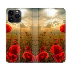 Housse Cuir Portefeuille Pour Iphone 16 Pro Fleur coquelicot