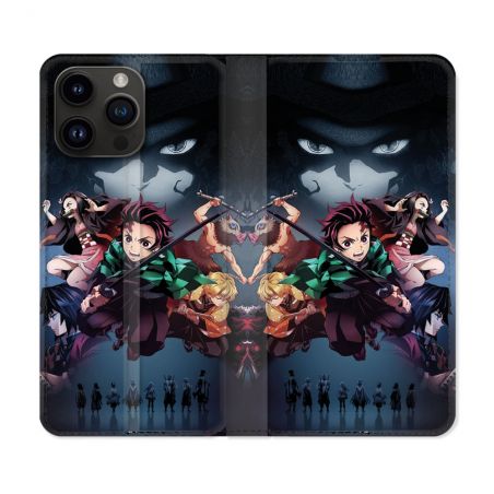 Housse Cuir Portefeuille Pour Iphone 16 Pro Manga Demon Slayer Noir