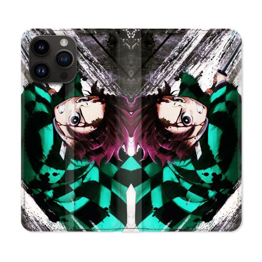 Housse Cuir Portefeuille Pour Iphone 16 Pro Manga Demon Slayer Tanjiro