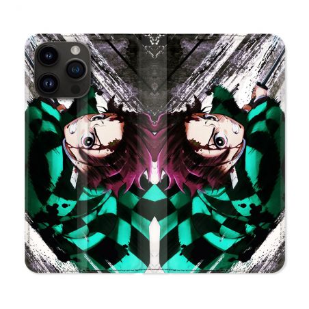 Housse Cuir Portefeuille Pour Iphone 16 Pro Manga Demon Slayer Tanjiro