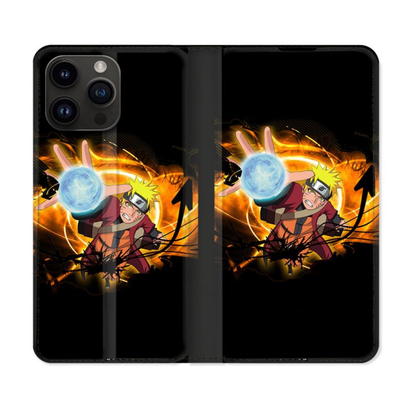 Housse Cuir Portefeuille Pour Iphone 16 Pro Manga Naruto Noir
