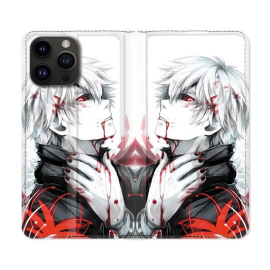 Housse Cuir Portefeuille Pour Iphone 16 Pro Manga Tokyo Ghoul Kaneki Blanc
