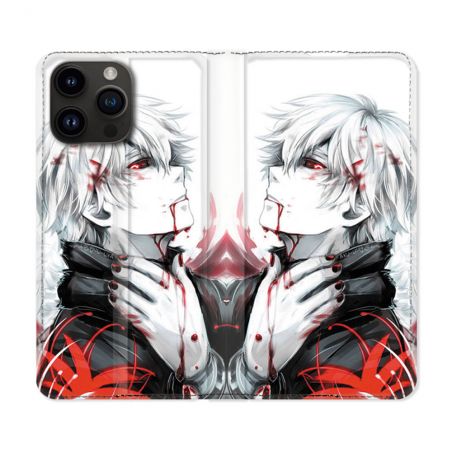 Housse Cuir Portefeuille Pour Iphone 16 Pro Manga Tokyo Ghoul Kaneki Blanc
