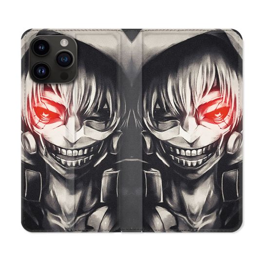 Housse Cuir Portefeuille Pour Iphone 16 Pro Manga Tokyo Ghoul Kaneki Noir