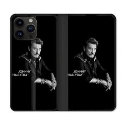 Housse Cuir Portefeuille Pour Iphone 16 Pro Musique Johnny Hallyday Noir