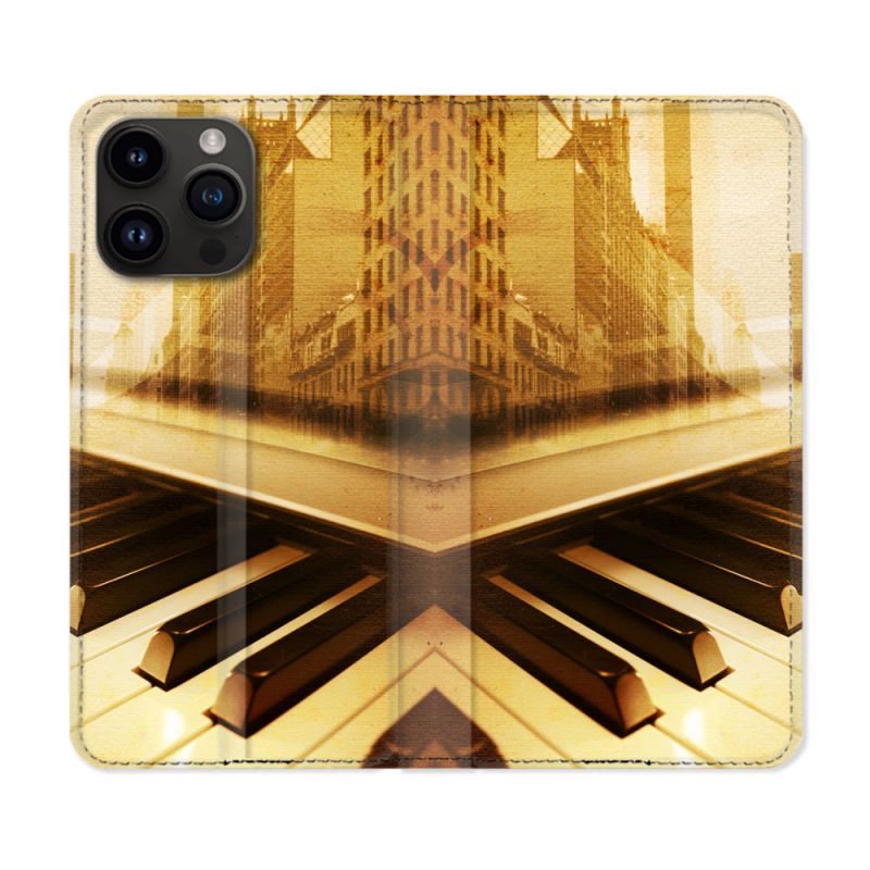 Housse Cuir Portefeuille Pour Iphone 16 Pro Musique Piano Retro