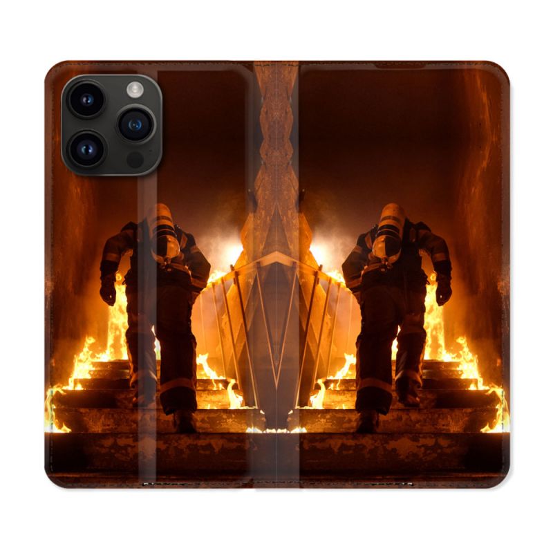 Housse Cuir Portefeuille Pour Iphone 16 Pro Pompier Escalier