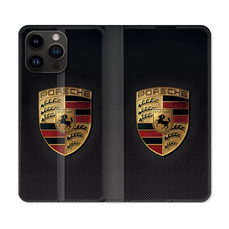 Housse Cuir Portefeuille Pour Iphone 16 Pro Porsche Carbone