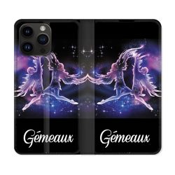 Housse Cuir Portefeuille Pour Iphone 16 Pro Signe Zodiaque 2 Gémeaux