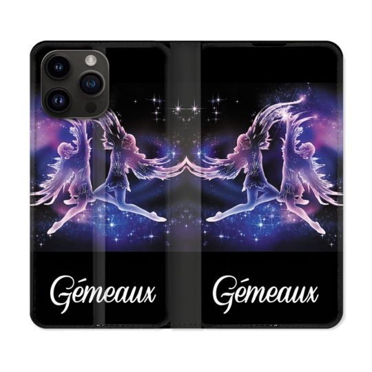 Housse Cuir Portefeuille Pour Iphone 16 Pro Signe Zodiaque 2 Gémeaux