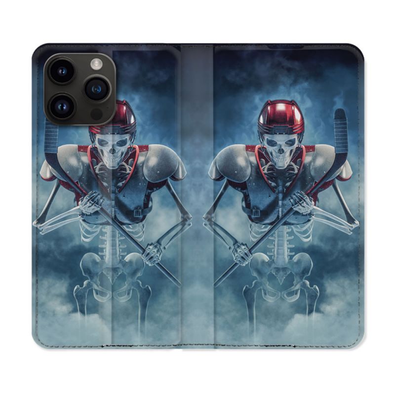 Housse Cuir Portefeuille Pour Iphone 16 Pro Sport Hockey Squelette