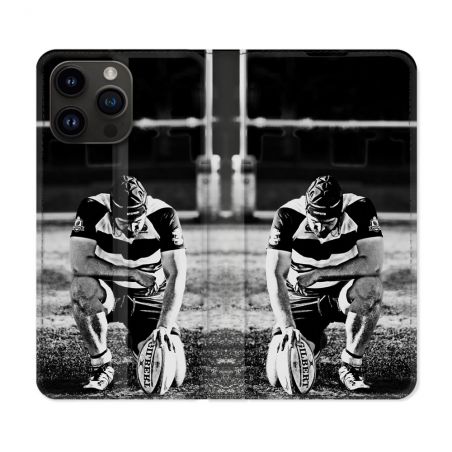 Housse Cuir Portefeuille Pour Iphone 16 Pro Sport Rugby Noir Blanc