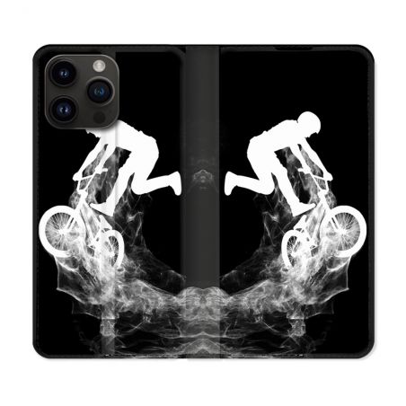 Housse Cuir Portefeuille Pour Iphone 16 Pro Sport VTT Noir