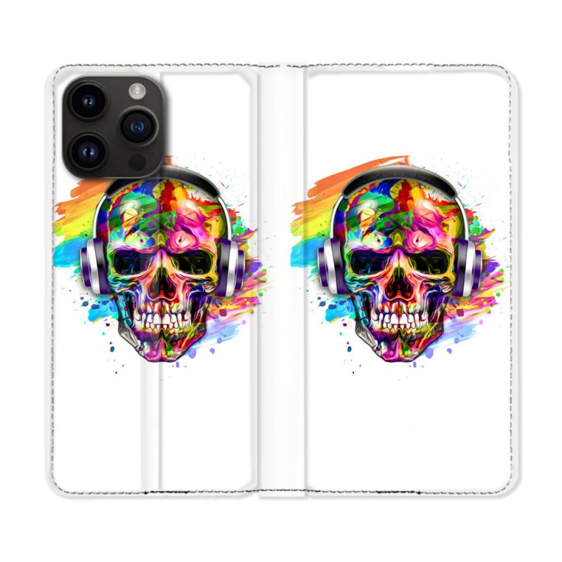 Housse Cuir Portefeuille Pour Iphone 16 Pro Tete de Mort Tag