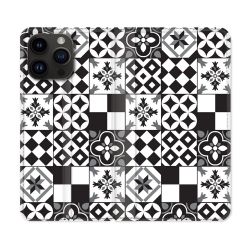 Housse Cuir Portefeuille Pour Iphone 16 Pro Texture Carreau Ciment Noir