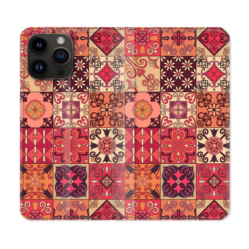 Housse Cuir Portefeuille Pour Iphone 16 Pro Texture Carreau Ciment Rouge