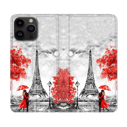 Housse Cuir Portefeuille Pour Iphone 16 Pro Voyage France Paris Rouge