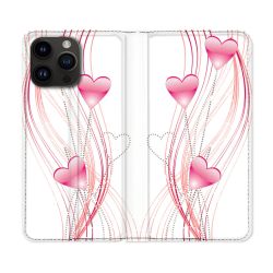 Housse Cuir Portefeuille Pour Iphone 16 Pro Plus Amour Coeur Rose Montant sur Blanc