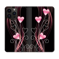 Housse Cuir Portefeuille Pour Iphone 16 Pro Plus Amour Coeur Rose Montant sur Noir