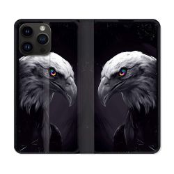 Housse Cuir Portefeuille Pour Iphone 16 Pro Plus Animal Aigle Royal Noir
