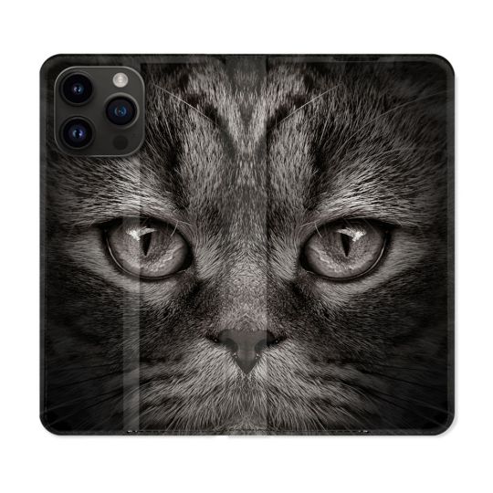 Housse Cuir Portefeuille Pour Iphone 16 Pro Plus Animal Chat Gris