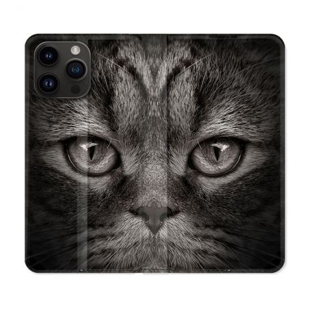 Housse Cuir Portefeuille Pour Iphone 16 Pro Plus Animal Chat Gris