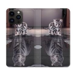 Housse Cuir Portefeuille Pour Iphone 16 Pro Plus Animal Chat Reflet