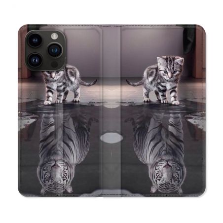 Housse Cuir Portefeuille Pour Iphone 16 Pro Plus Animal Chat Reflet