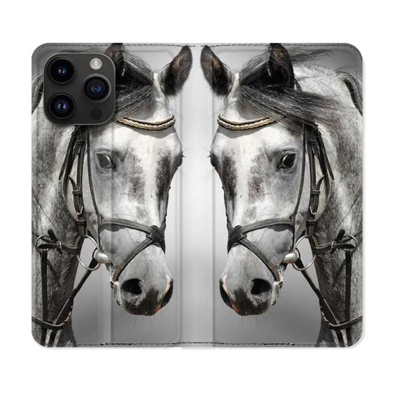 Housse Cuir Portefeuille Pour Iphone 16 Pro Plus Animal Cheval Blanc