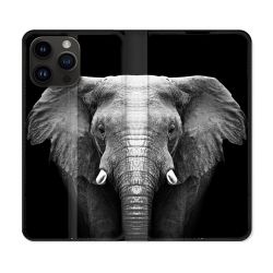Housse Cuir Portefeuille Pour Iphone 16 Pro Plus Animal Elephant Noir