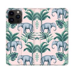 Housse Cuir Portefeuille Pour Iphone 16 Pro Plus Animal Elephant Savane
