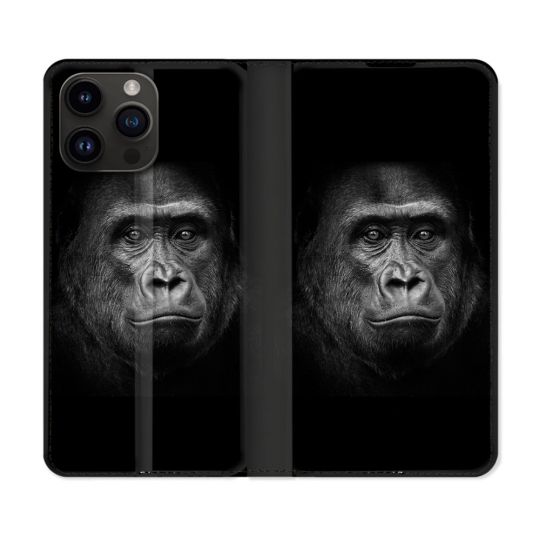 Housse Cuir Portefeuille Pour Iphone 16 Pro Plus Animal Gorille Noir