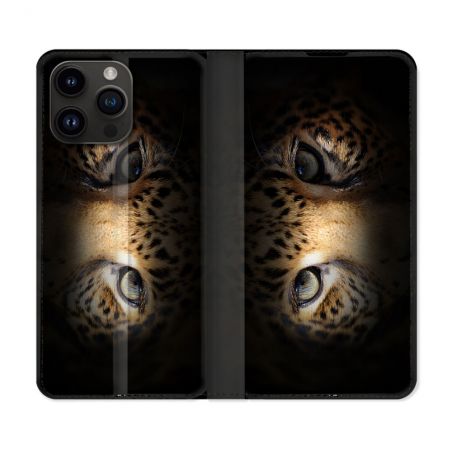 Housse Cuir Portefeuille Pour Iphone 16 Pro Plus Animal Leopard Yeux
