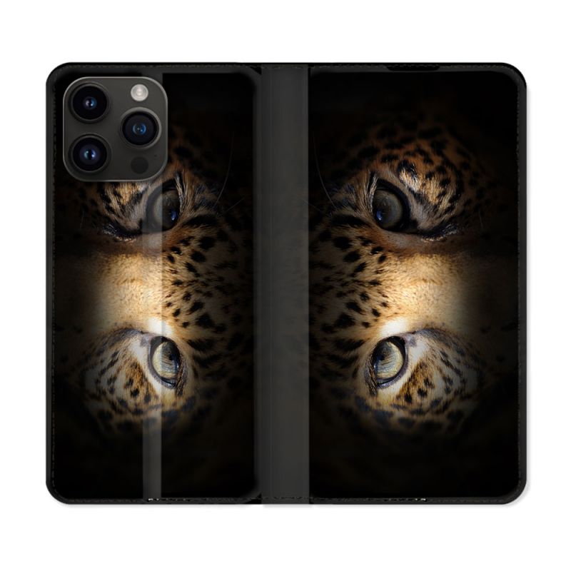 Housse Cuir Portefeuille Pour Iphone 16 Pro Plus Animal Leopard Yeux