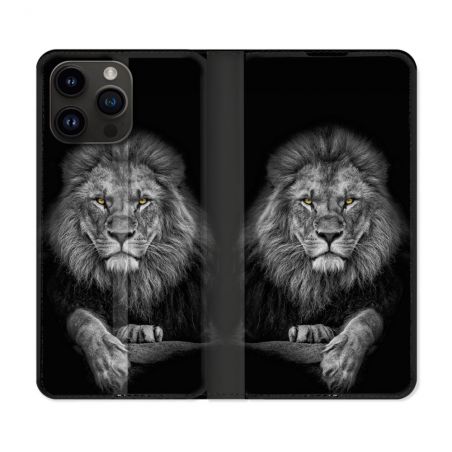 Housse Cuir Portefeuille Pour Iphone 16 Pro Plus Animal Lion Majestueux