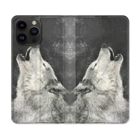Housse Cuir Portefeuille Pour Iphone 16 Pro Plus Animal Loup Hurlement