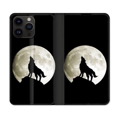 Housse Cuir Portefeuille Pour Iphone 16 Pro Plus Animal Loup Noir