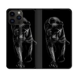 Housse Cuir Portefeuille Pour Iphone 16 Pro Plus Animal Panthère Noire