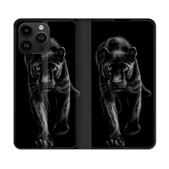 Housse Cuir Portefeuille Pour Iphone 16 Pro Plus Animal Panthère Noire