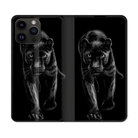 Housse Cuir Portefeuille Pour Iphone 16 Pro Plus Animal Panthère Noire