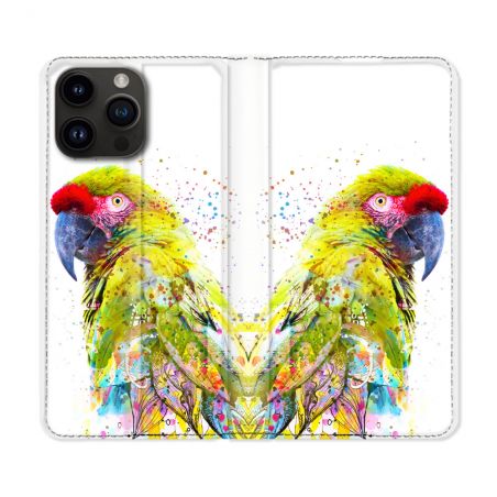 Housse Cuir Portefeuille Pour Iphone 16 Pro Plus Animal Perroquet Jaune